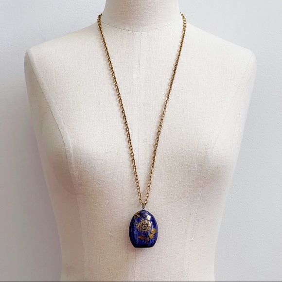 Vintage Hand Painted Blue Gold Floral Pendant Necklace - Picture 1 of 14